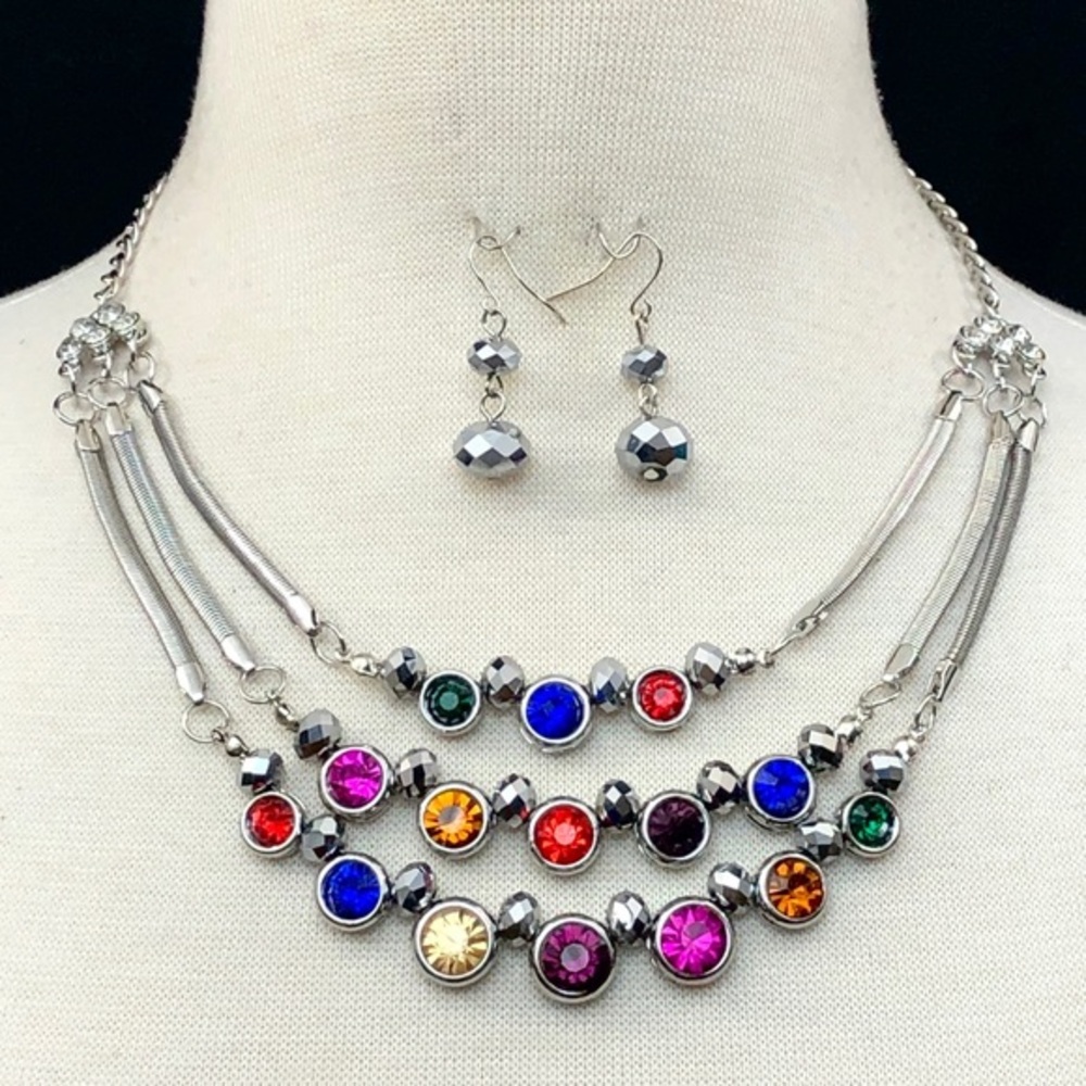 Multicolor Rhinestone Layered Silver Statement Necklace Earrings Set